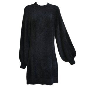 Bardot Black Mini Dress Furry Balloon Bell Sleeves Mock Neck Ribbed Trim Cozy M